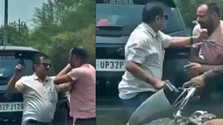 car collision in Lucknow person took out pistol and beat young man on road video viral lucknow