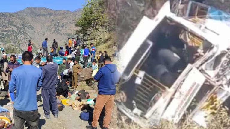 devotees bus going from Hathras to Shiv Khodi jammu and kashmir fell into 150 feet deep gorge