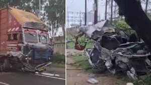 Horrific road accident in Aligarh 5 killed in canter-car collision